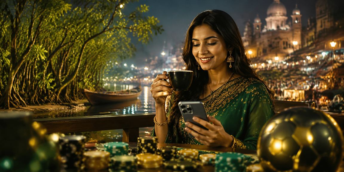 সুন্দরবন এলাকায় রাতের বাজারে মোবাইলে স্পোর্টস বেটিং করছেন একজন ব্যবহারকারী